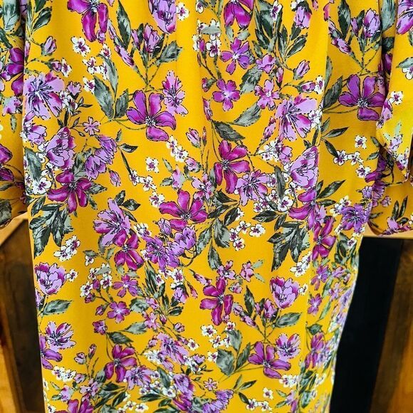 Pleione Floral  Mustard  Cottage Core Split Neck Blouse, Ruffled Sleeves size M - Picture 4 of 6